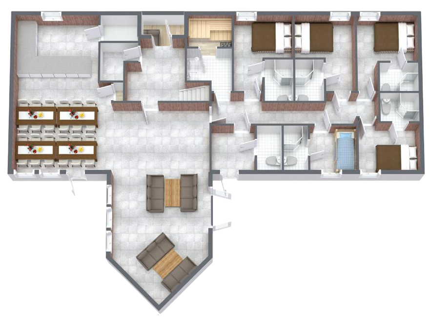 Grundriss Erdgeschoss der Alten Lodge: Speisesaal, Küche, Wohnbereiche, Sauna und Schlafzimmer mit Bad