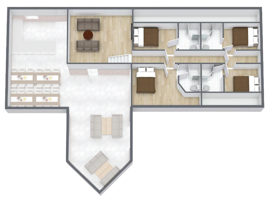 Grundriss Obergeschoss der Alten Lodge: vier Schlafzimmer mit Bad und ein Wohnbereich